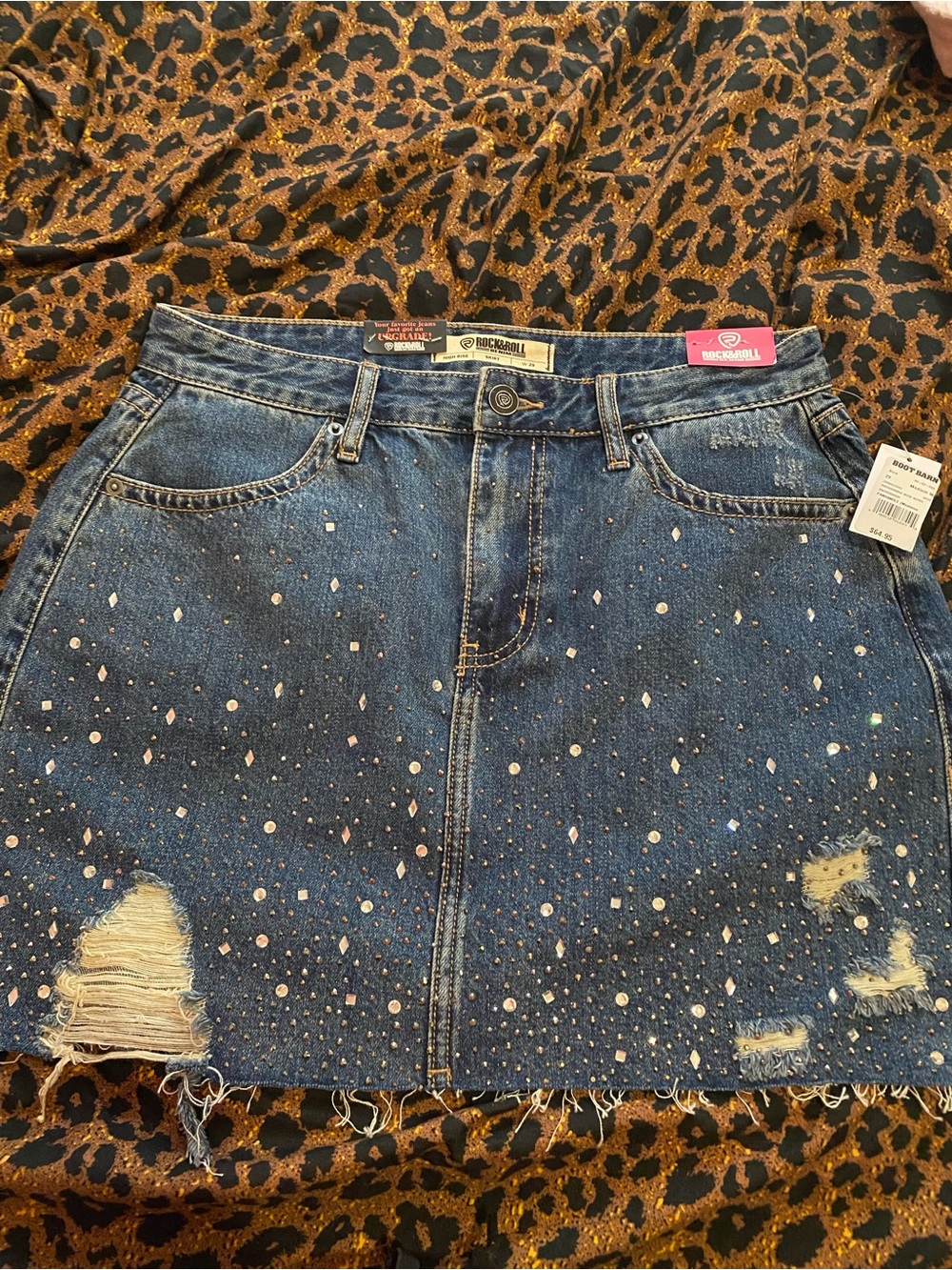 Rock & Roll Denim High-Low Mini Skirt in Distressed Blue with Sparkle